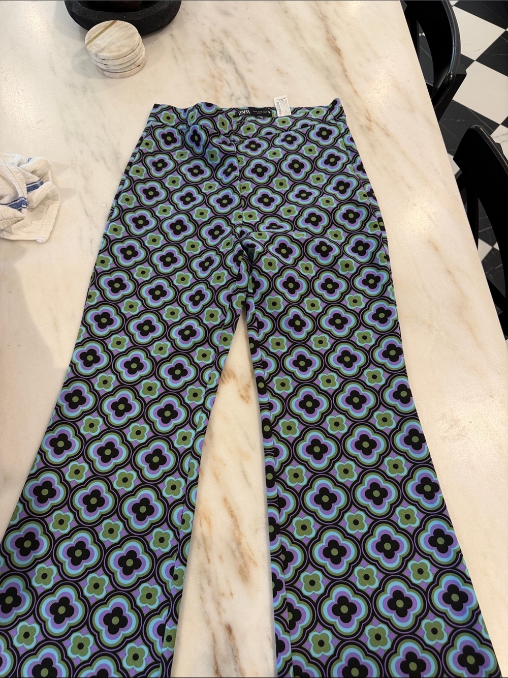 Zara Retro Floral Print Wide-Leg Pants in Blue and Green